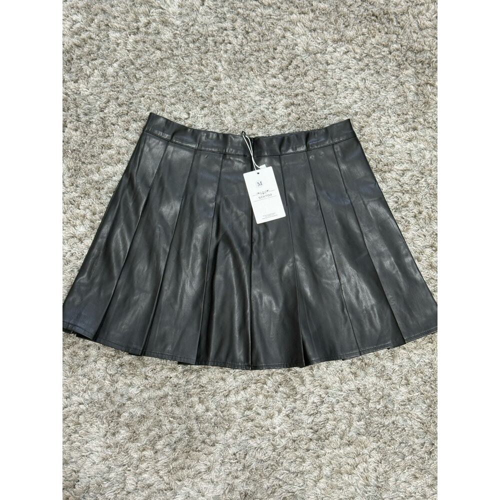 Women Faux Leather Skirt Black Mini Pleated High Waist Slim A-line Skirt M NWT - Picture 5 of 12